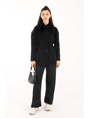 Siyah Kürk Yaka Triko Hırka