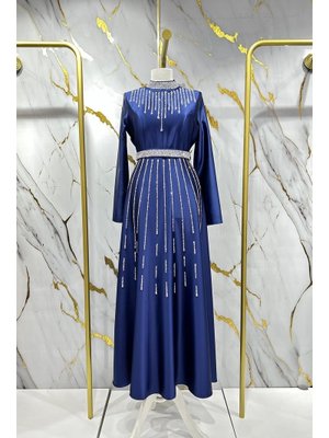 Lacivert Nevra Saten Abiye Elbise