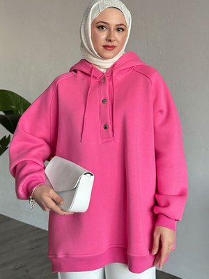 Çıtçıt Yaka Kapüşonlu Pembe Sweat Çıtçıt Yaka Kapüşonlu Pembe Sweat