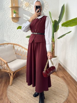 Kemerli Yelek Etek Takım Bordo