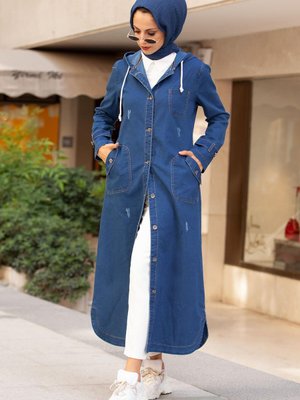 Kapüşonlu Düğmeli? Spor Kot Kap Lacivert