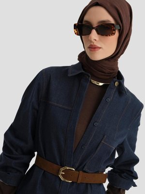 Kuplu Ve Cepli Denim Tunik Lacivert