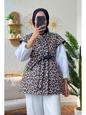 Taba Leopar Desen Kapitone Yelek