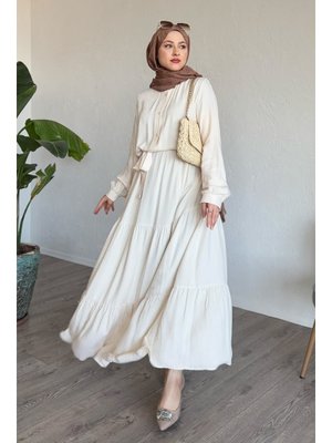Kuşaklı Belmando Ekru Elbise