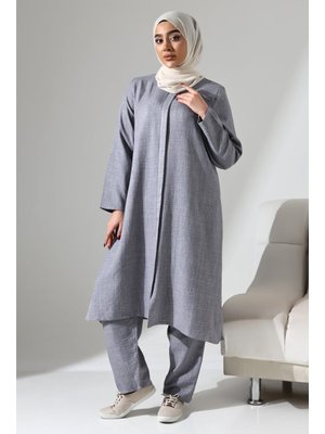 Gri Melanj Keten Görünümlü Gizli Fermuarlı Hac Umre Kıyafeti İkili Takım Gri Melanj Keten Görünümlü Gizli Fermuarlı Hac Umre Kıyafeti İkili Takım