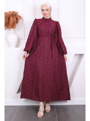 Bordo Balon Kol Kuşaklı Elbise Bordo Balon Kol Kuşaklı Elbise