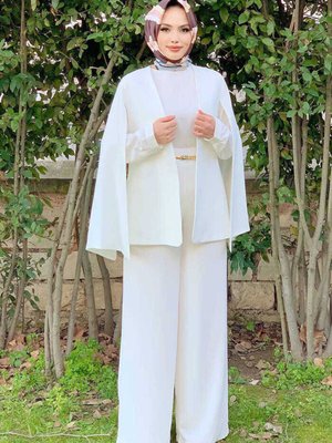 Pelerin Kol Görünümlü Düz Astarlı Ceket Ekru