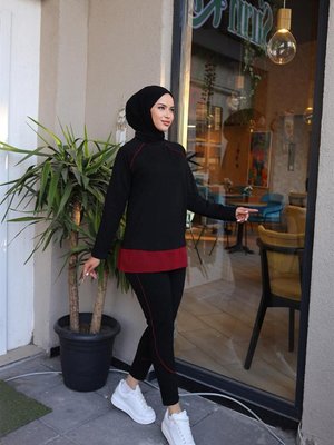 Biye Detalı İkili Eşofman Takımı Siyah Bordo Biye Detalı İkili Eşofman Takımı Siyah Bordo