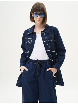 İşlemeli Denim Ceket Lacivert