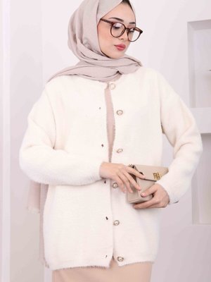 Ekru Düğmeli Angora Triko Hırka
