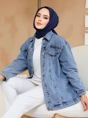 Düğmeli Koyu Mavi Kot Cekett