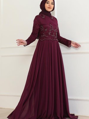 Mürdüm İnci Detaylı Şifon Abiye Elbise Mürdüm İnci Detaylı Şifon Abiye Elbise
