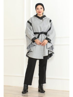 Gri Kuşaklı Deri Detaylı Panço &