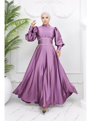 Lila Sehran Saten Abiye Elbise