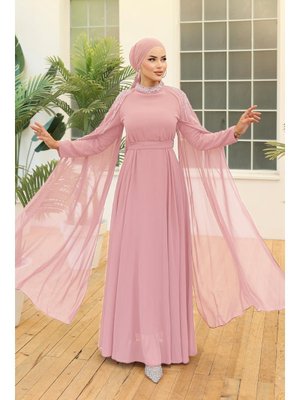 Pudra Laren Şifon Abiye Elbise