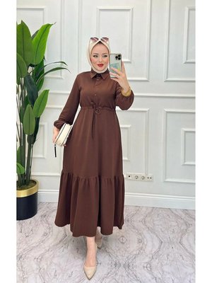 Kahverengi Bel Tünel Detaylı Elbise Kahverengi Bel Tünel Detaylı Elbise