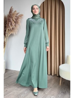 Taşlı İncili Mint Yeşili Scuba Elbise
