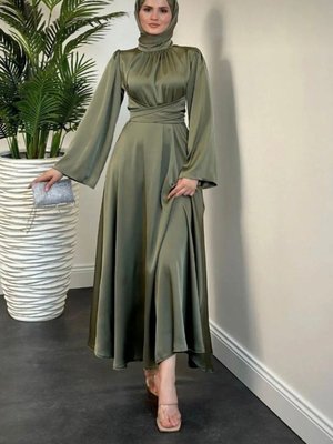 İspanyol Kol Beli Dolamalı Saten Abiye Elbise