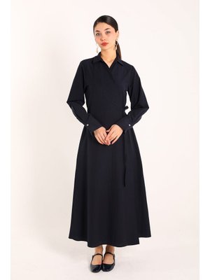 Lacivert Bağlamalı Poplin Elbise