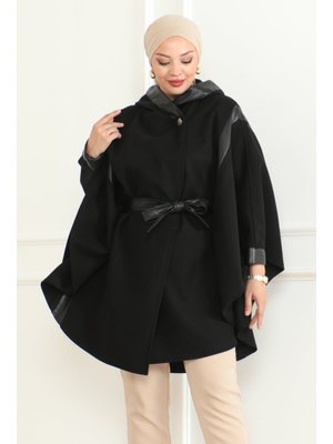 Siyah Kuşaklı Deri Detaylı Panço &