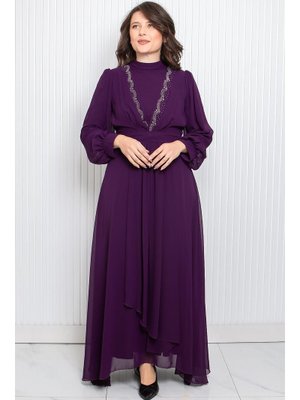 Mor Taş Baskı Detaylı Şifon Abiye