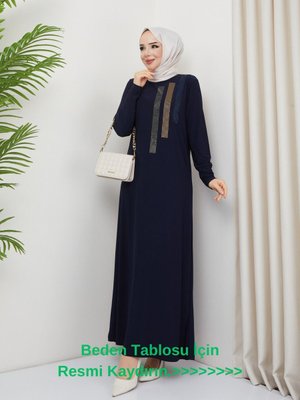 Lacivert Sandy Önü Taş Detaylı Genç Anne Boydan Elbise