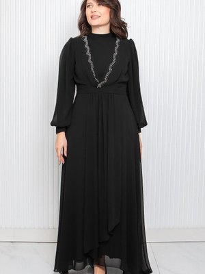 Taş Baskı Detaylı Şifon Abiye Elbise Siyah Taş Baskı Detaylı Şifon Abiye Elbise Siyah