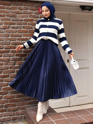 Lacivert Pliseli Etek