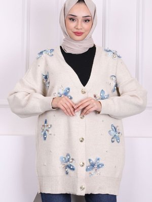 Taş Çiçek Detaylı Triko Hırka