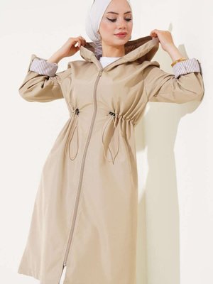 Krem Bel Tünelli Çizgili Trençkot Krem Bel Tünelli Çizgili Trençkot