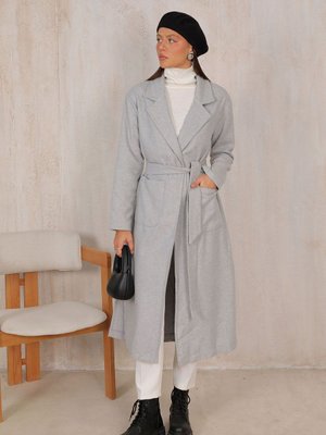 Gri Kuşaklı Kaşe Kaban