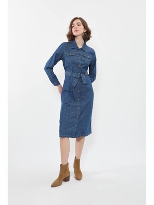 Koyu Mavi Önden Düğmeli Kemerli Jean Elbise