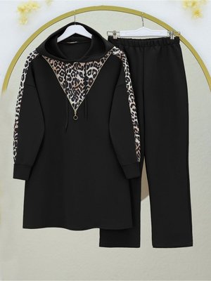 Kapüşonlu Fermuar Detaylı Leoparlı Skuba Takım Siyah