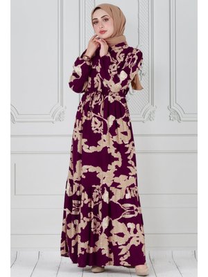 Bordo Bulut Desen Beli Tünelli Viscon Elbise
