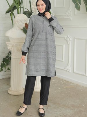 Trend Yarım Fermuarlı Kolları Ribanalı Tunik Siyah