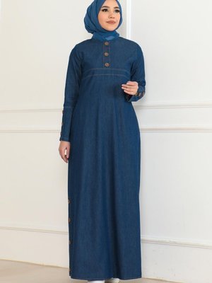 Koyu Mavi Düğme Detaylı Cepli Kot Elbise
