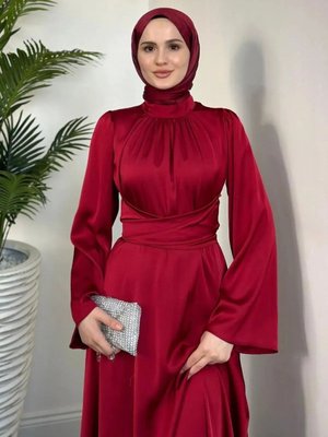 İspanyol Kol Beli Dolamalı Saten Abiye Elbise