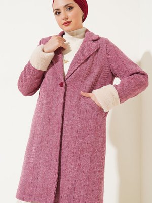 Kolları Tüylü Balık Sırtı Kaşe Kaban Bordo