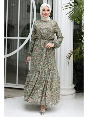 Yeşil Yeral Dokuma Viskon Elbise