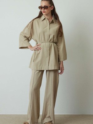 Önden Düğmeli Keten Vizon Gömlek