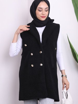 Siyah Kruvaze Yaka Düğmeli Angora Yelek Siyah Kruvaze Yaka Düğmeli Angora Yelek