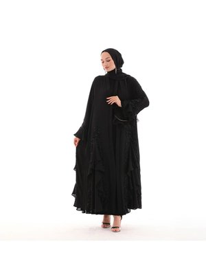 Lüks Star Black Şık Abaya Krep Şifon Kalite Kumaş El İşlemeli Dantel Lüks Star Black Şık Abaya Krep Şifon Kalite Kumaş El İşlemeli Dantel