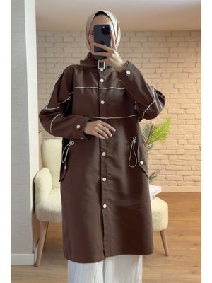 Kahverengi Beli Lastik Büzgülü Trençkot