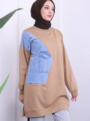 Bisküvi Kot Detaylı Bisiklet Yaka Iki Iplik Sweat Bisküvi Kot Detaylı Bisiklet Yaka Iki Iplik Sweat