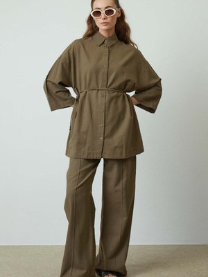 Önden Düğmeli Keten Haki Gömlek