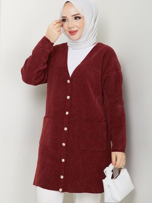 Şönil Kadife İplik Cepli Triko Hırka