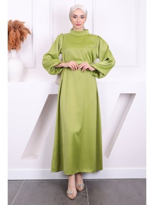 Yağ Yeşili Hakim Yaka Balon Kol Saten Abiye Elbise