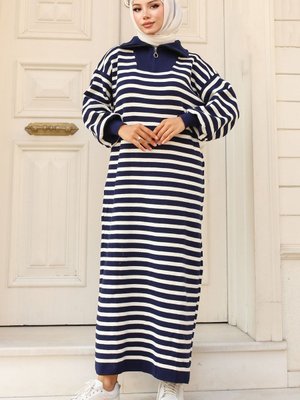Yaka Fermuarlı Çizgili Triko Elbise Lacivert