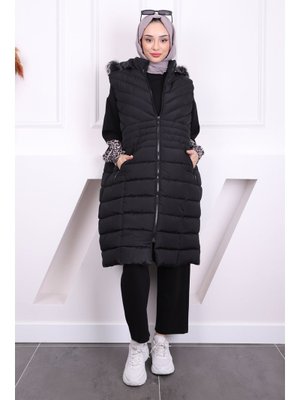 Siyah Büyük Beden Kürklü Şişme Yelek Siyah Büyük Beden Kürklü Şişme Yelek