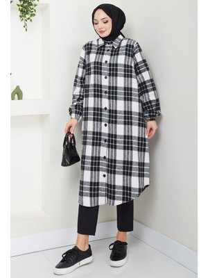 Beyaz Uzun Ekose Oduncu Gömlek Tunik Beyaz Uzun Ekose Oduncu Gömlek Tunik